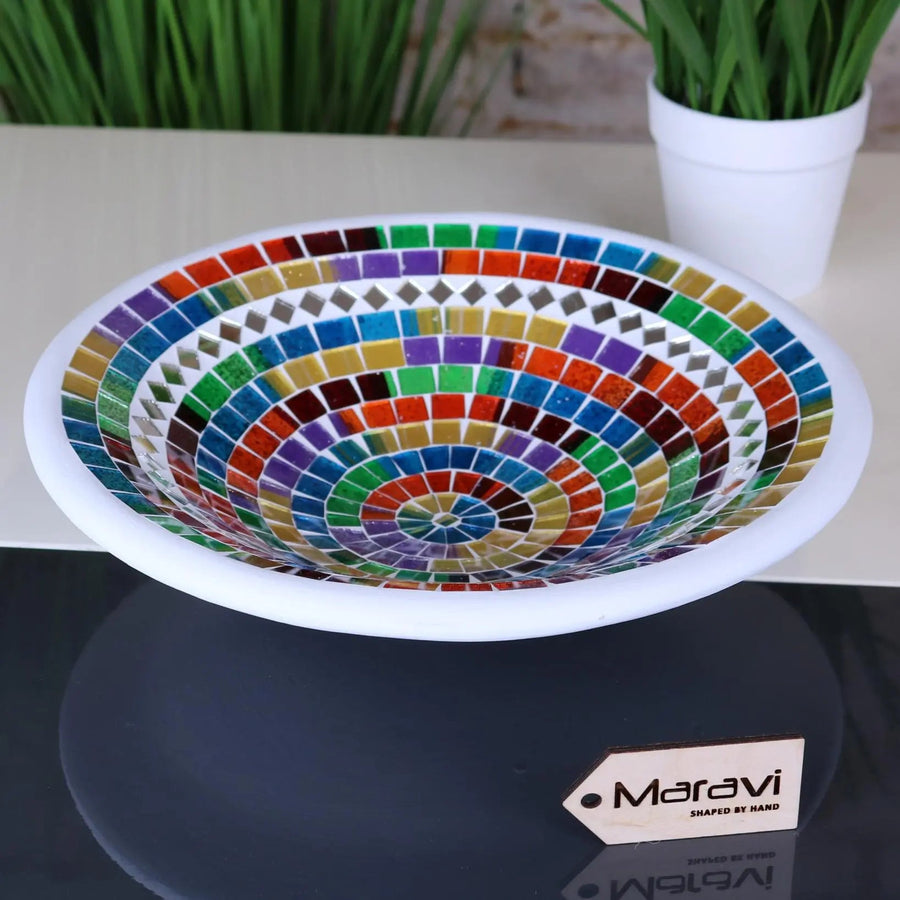 Luxury handcrafted Badaka mosaic bowl, 28cm rainbow multicolor and mirror glass, stylish decorative centerpiece for modern interiors by Maravi at brixbailey.com