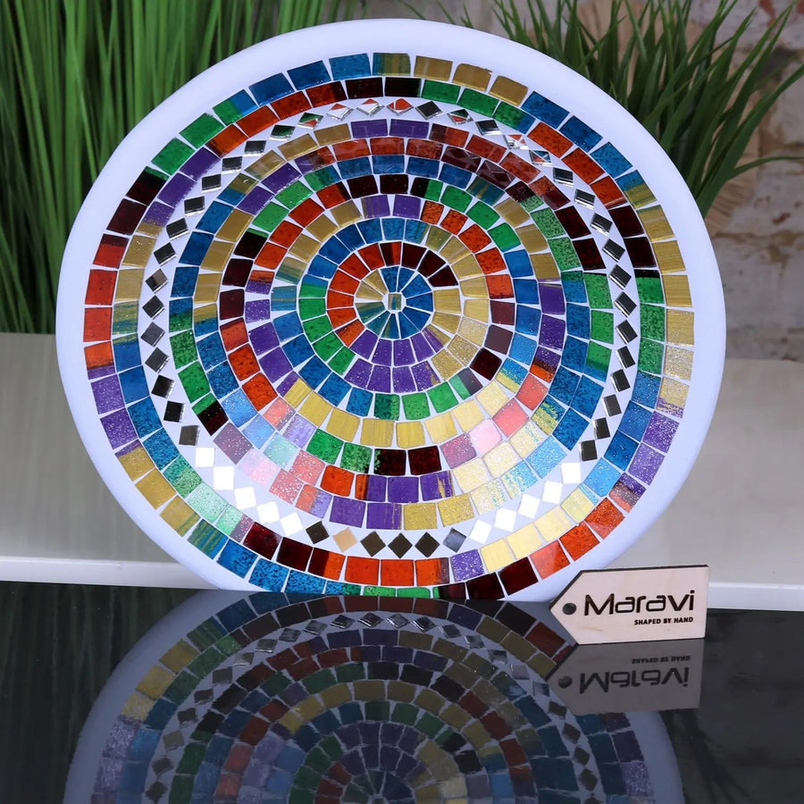 Luxury handcrafted Badaka mosaic bowl, 28cm rainbow multicolor and mirrors, stylish decorative clay bowl for modern interiors by Maravi at brixbailey.com