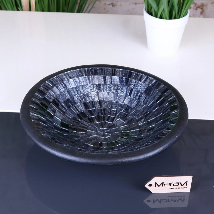 Luxury Kentra mosaic bowl, handcrafted clay with grey glitter glass tiles, elegant abstract design, 28cm decorative centerpiece by Maravi at brixbailey.com