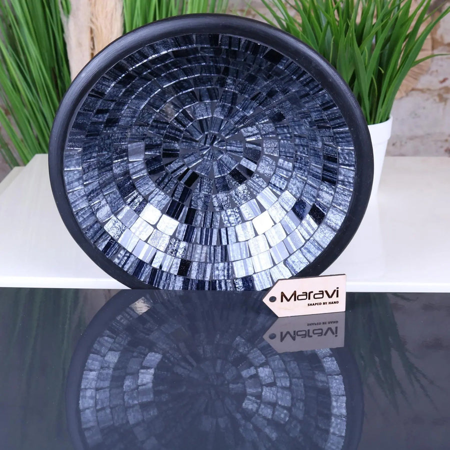Luxury Kentra Mosaic Bowl, handcrafted clay decorative bowl with grey glitter glass tiles, 28cm elegant home decor centerpiece by Maravi at brixbailey.com