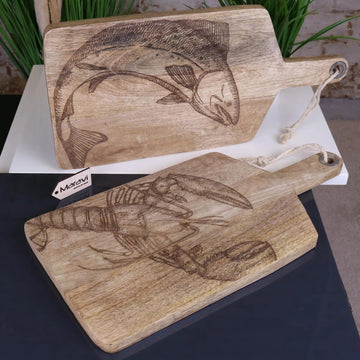 Luxury handcrafted mango wood fish serving platter board, premium lobster and seafood design, stylish coastal kitchenware by Maravi at brixbailey.com