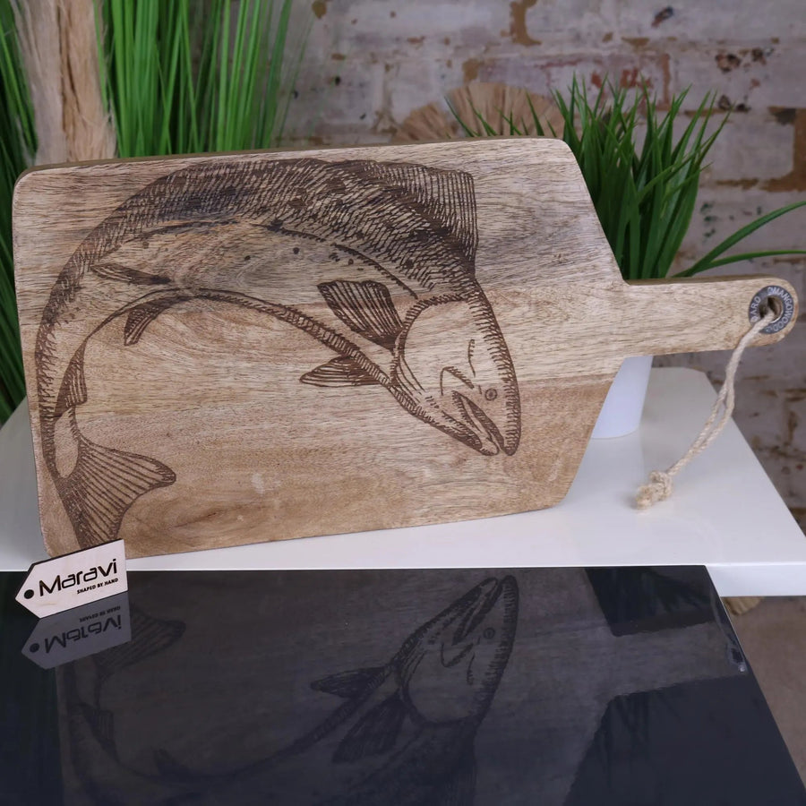 Luxury wooden fish serving platter board, handcrafted mango wood with engraved lobster or fish design, stylish coastal kitchenware by Maravi at brixbailey.com