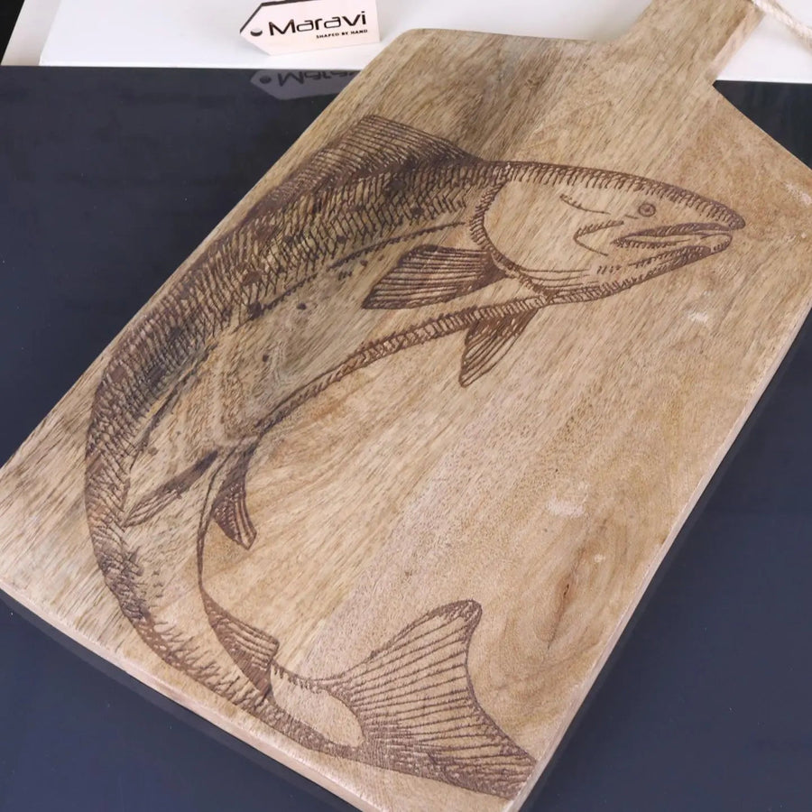Premium wooden fish serving platter board with lobster or fish engraving, luxury coastal kitchenware, handcrafted mango wood, stylish seafood theme by Maravi at brixbailey.com