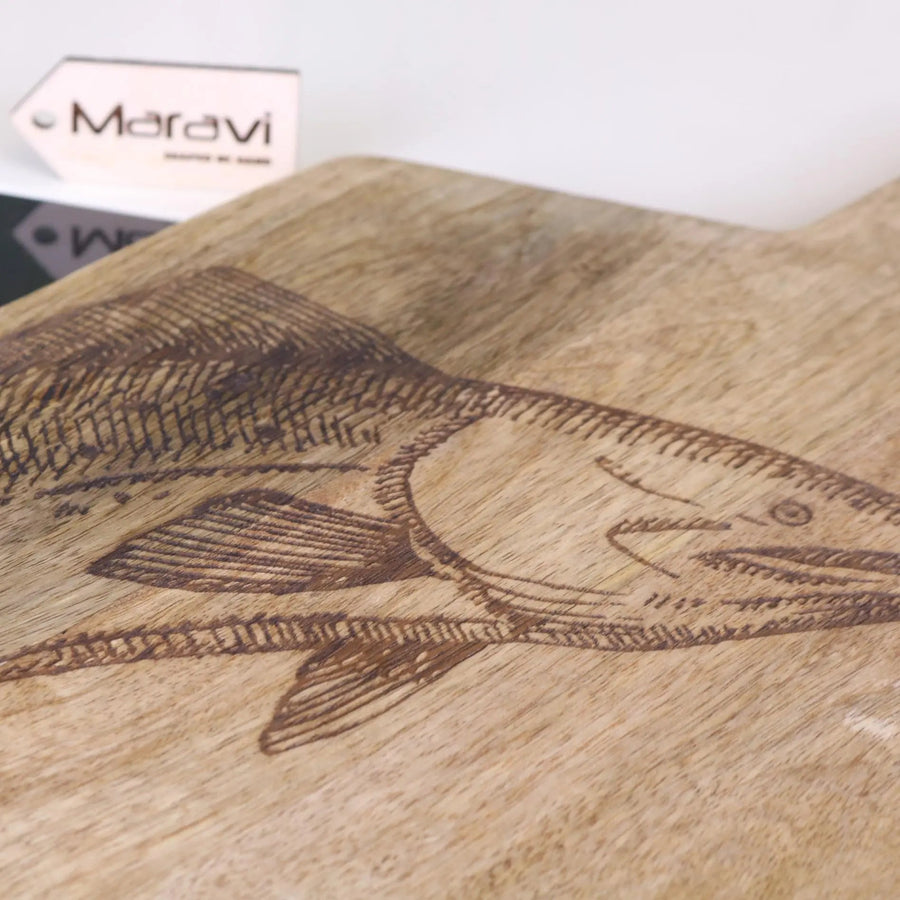 Luxury handcrafted mango wood fish serving platter board, engraved coastal lobster seafood design, stylish kitchenware by Maravi at brixbailey.com