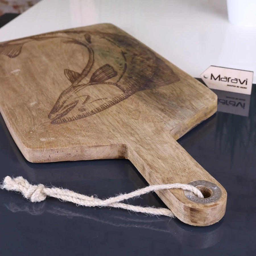 Luxury handcrafted mango wood fish serving platter board, engraved coastal lobster or fish design, elegant kitchenware, 50cm x 25cm by Maravi at brixbailey.com