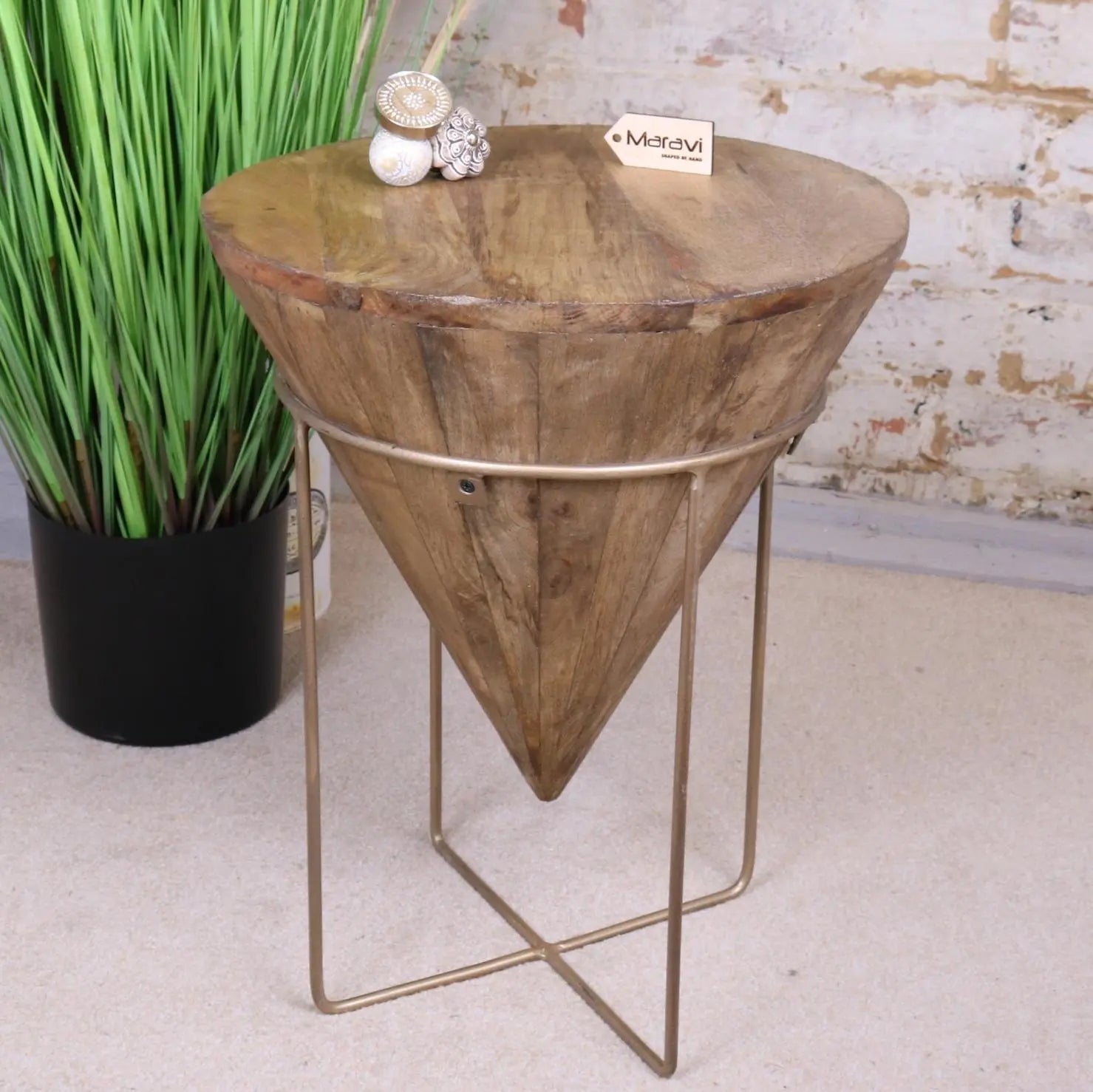 Luxury Tamia wooden cone side table, handcrafted sustainable mango wood with gold metal frame, stylish unique accent piece for living room or bedroom by Maravi at brixbailey.com
