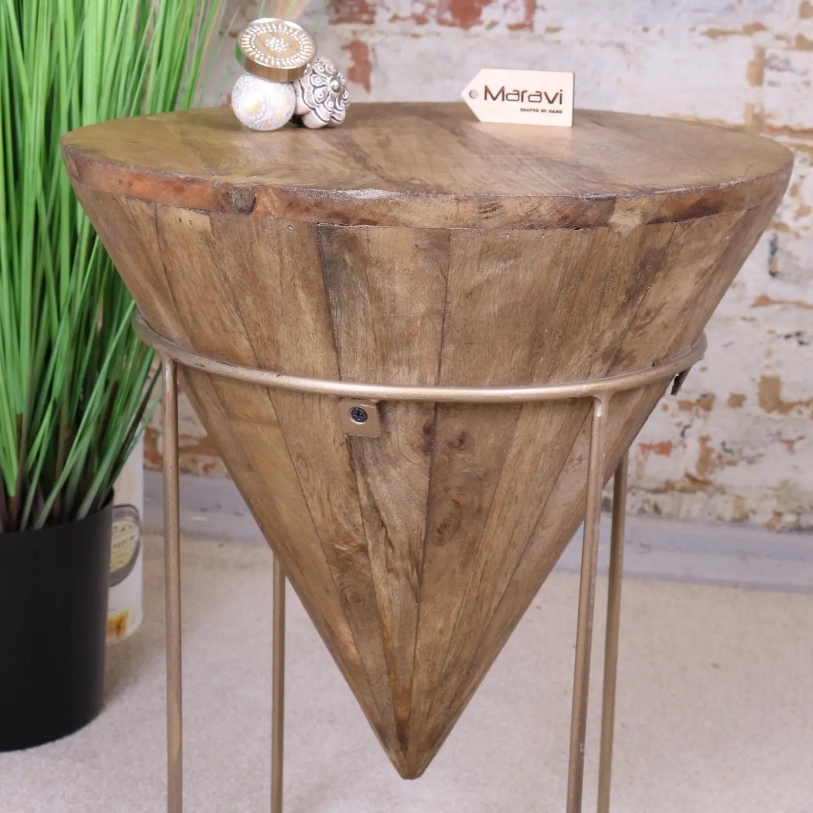 Tamia wooden cone unique side table, luxury handcrafted mango wood accent table with gold metal frame, stylish modern rustic decor by Maravi at brixbailey.com