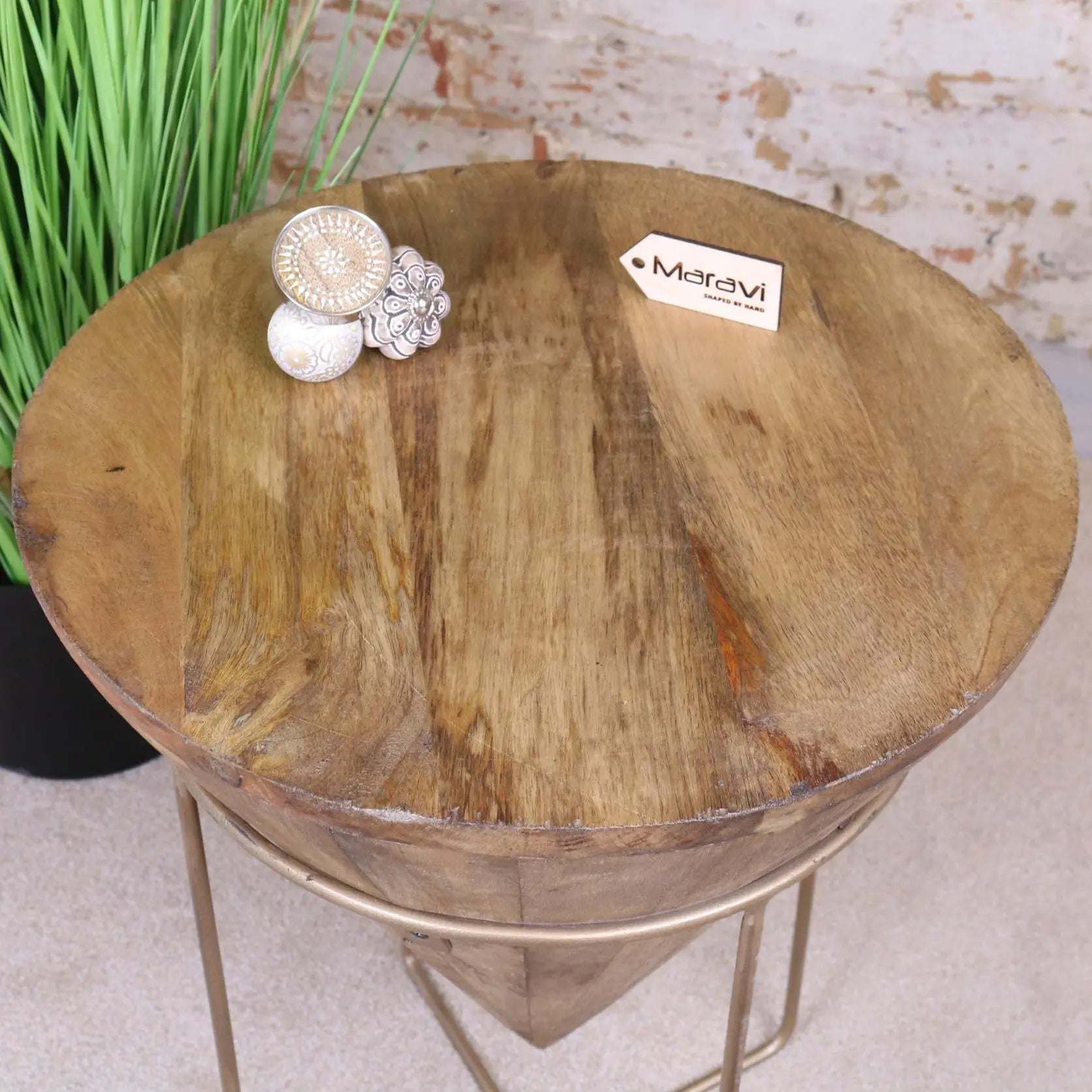 Luxury Tamia wooden cone side table, handcrafted mango wood with gold metal frame, stylish unique accent piece for living room or bedroom by Maravi at brixbailey.com