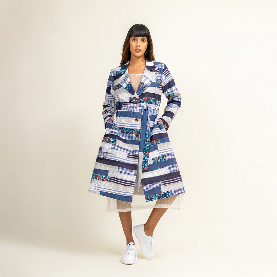 Premium upcycled patchwork trench coat, unique embroidered zero waste jacket, sustainable stylish limited edition by Bethikal at brixbailey.com