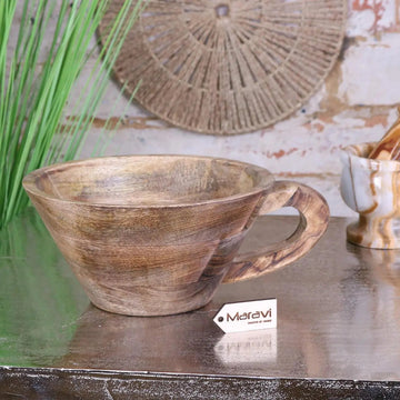 Luxury handcrafted mango wood bowl with handle, rustic mug-shaped kitchen decor, unique sustainable wooden serving bowl by Maravi at brixbailey.com