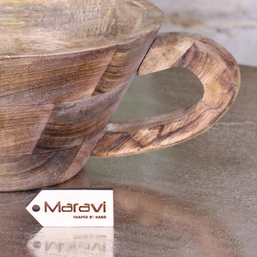 Luxury handcrafted mango wood bowl with handle, stylish rustic mug-shaped kitchen decor, sustainable best-selling unique wooden serving bowl by Maravi at brixbailey.com