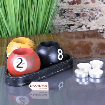 Luxury vintage 8 ball candle holders set, handcrafted resin billiard ball tealight holders with distressed detailing and black tray by Maravi at brixbailey.com