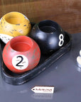 Luxury vintage 8 ball candle holders set, handcrafted resin billiard ball tealight holders with distressed detailing and black tray by Maravi at brixbailey.com
