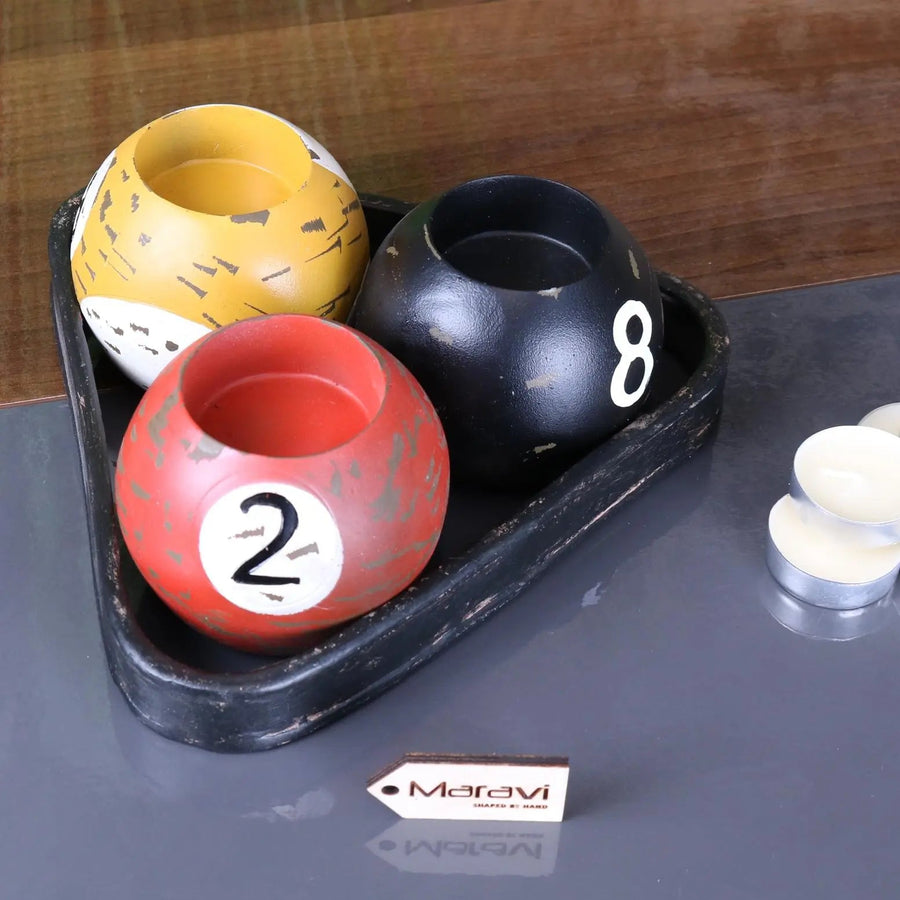 Luxury vintage 8 ball candle holders set, handcrafted resin billiard ball tealight holders with distressed detailing and black tray by Maravi at brixbailey.com
