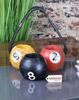 Luxury vintage 8 ball candle holders set, handcrafted resin billiard ball tealight holders with distressed detailing and black tray by Maravi at brixbailey.com