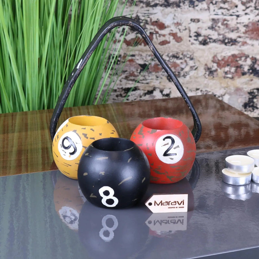 Luxury vintage 8 ball candle holders set, handcrafted resin billiard ball tealight holders with distressed detailing and black tray by Maravi at brixbailey.com