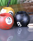 Luxury vintage 8 ball candle holders set, handcrafted resin billiard ball tealight holders with distressed detailing and black tray by Maravi at brixbailey.com
