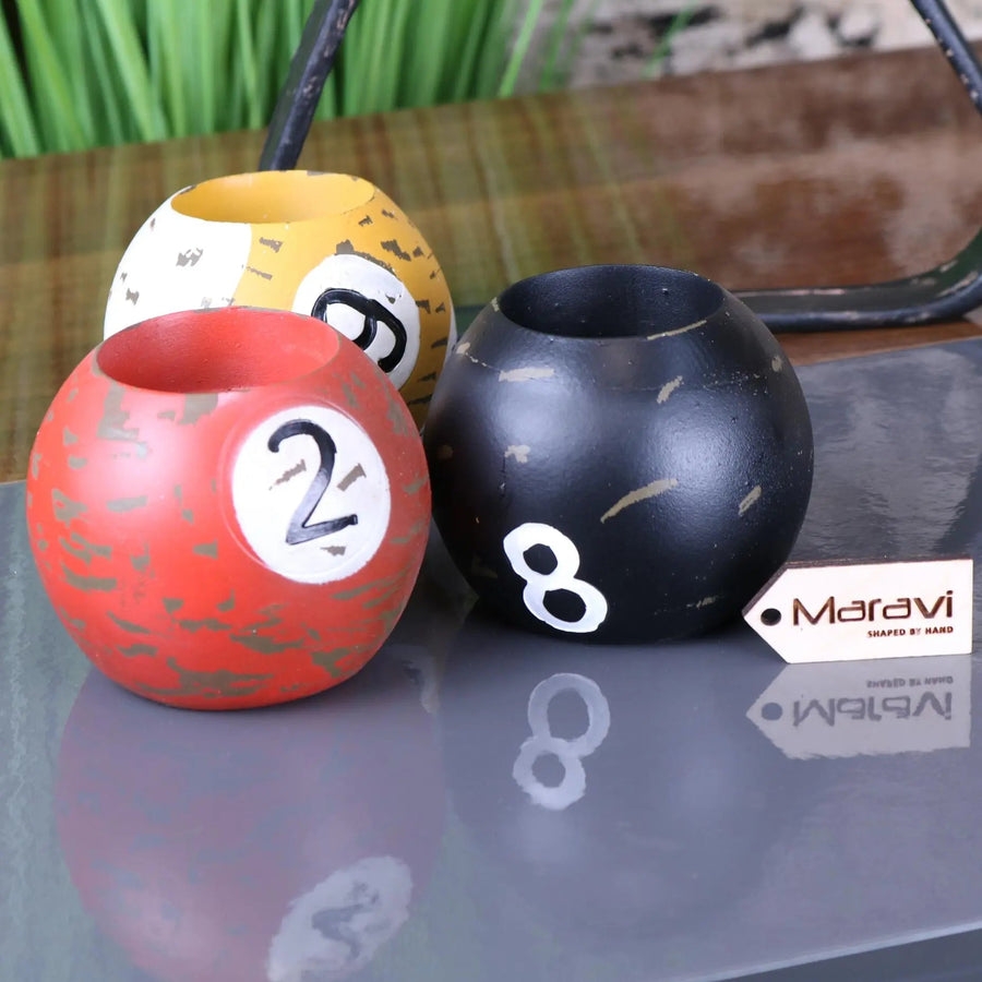 Luxury vintage 8 ball candle holders set, handcrafted resin billiard ball tealight holders with distressed detailing and black tray by Maravi at brixbailey.com