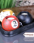 Luxury vintage 8 ball candle holders set, distressed resin billiard ball tealight holders with black triangular tray, retro game room decor by Maravi at brixbailey.com