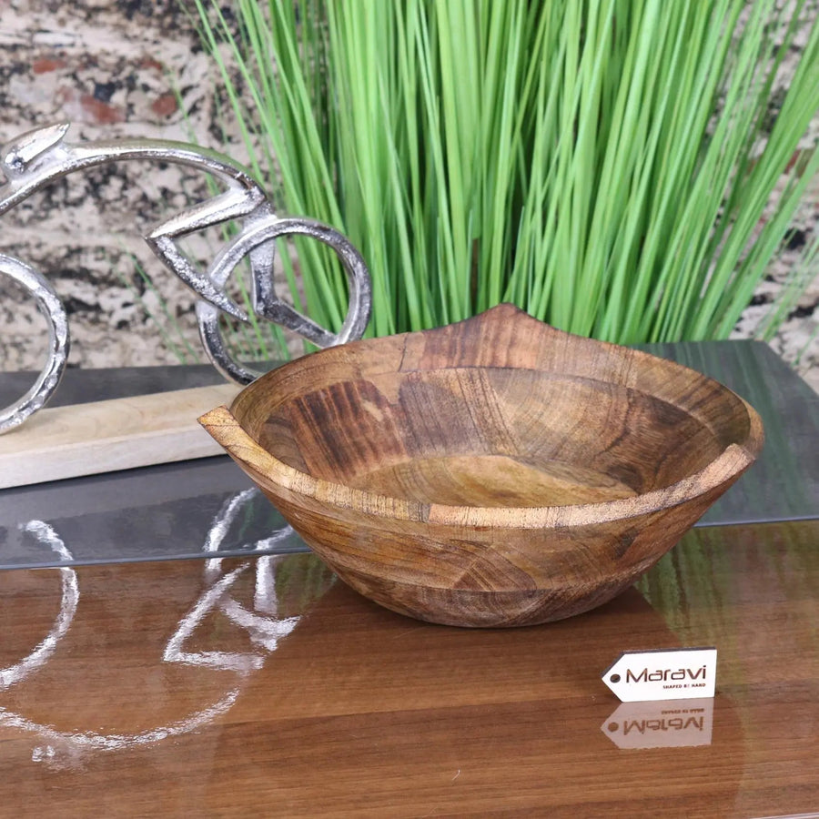 Lailak large wooden fruit bowl, premium mango wood with three-point rustic design, stylish kitchen decor, best-selling handcrafted serving bowl by Maravi at brixbailey.com