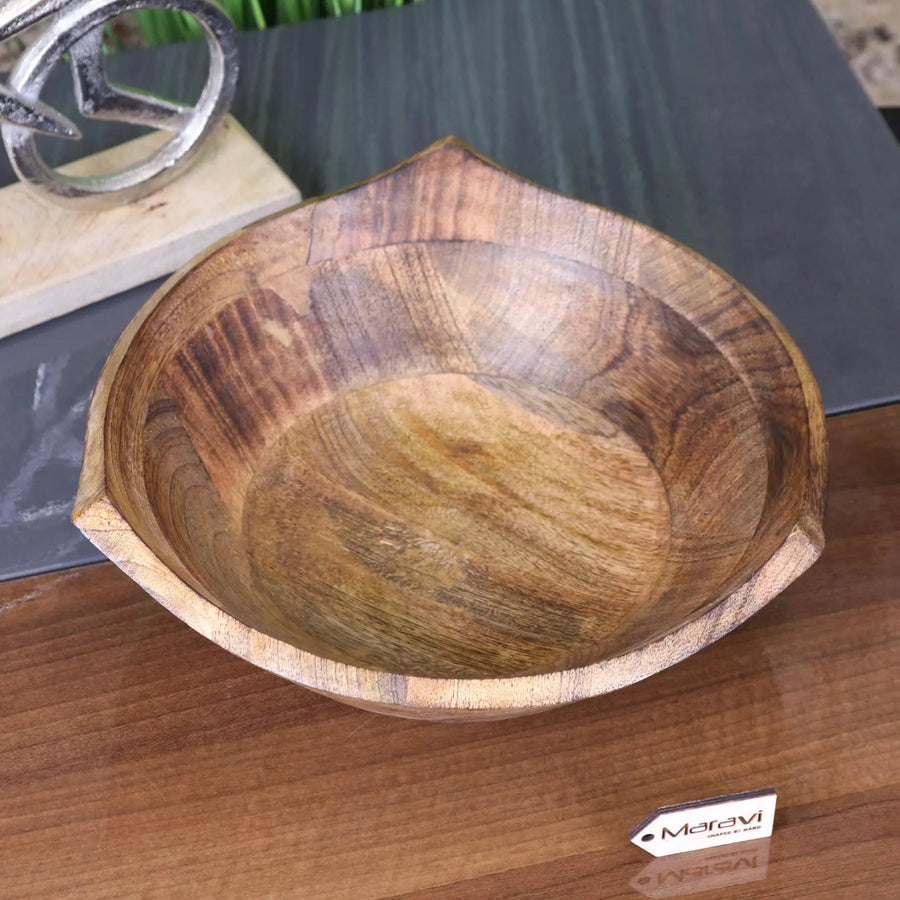 Lailak large wooden fruit bowl, premium mango wood with natural grain, stylish three-point design, rustic kitchen decor, best-selling serving bowl by Maravi at brixbailey.com