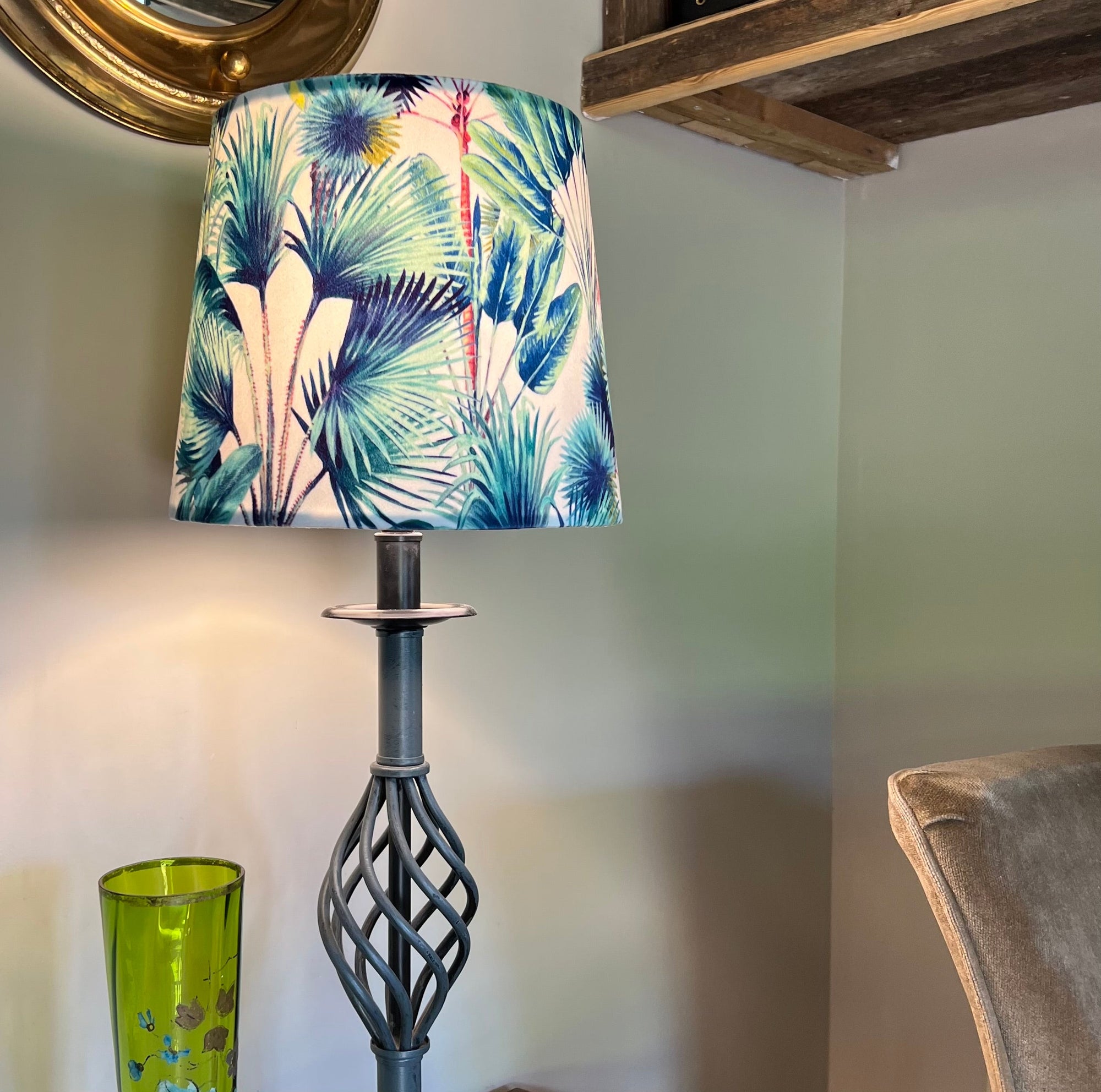 Palm Trees Velvet Lampshade | French Drum Ceiling Light Shade | Bespoke Handmade Empire Lampshade