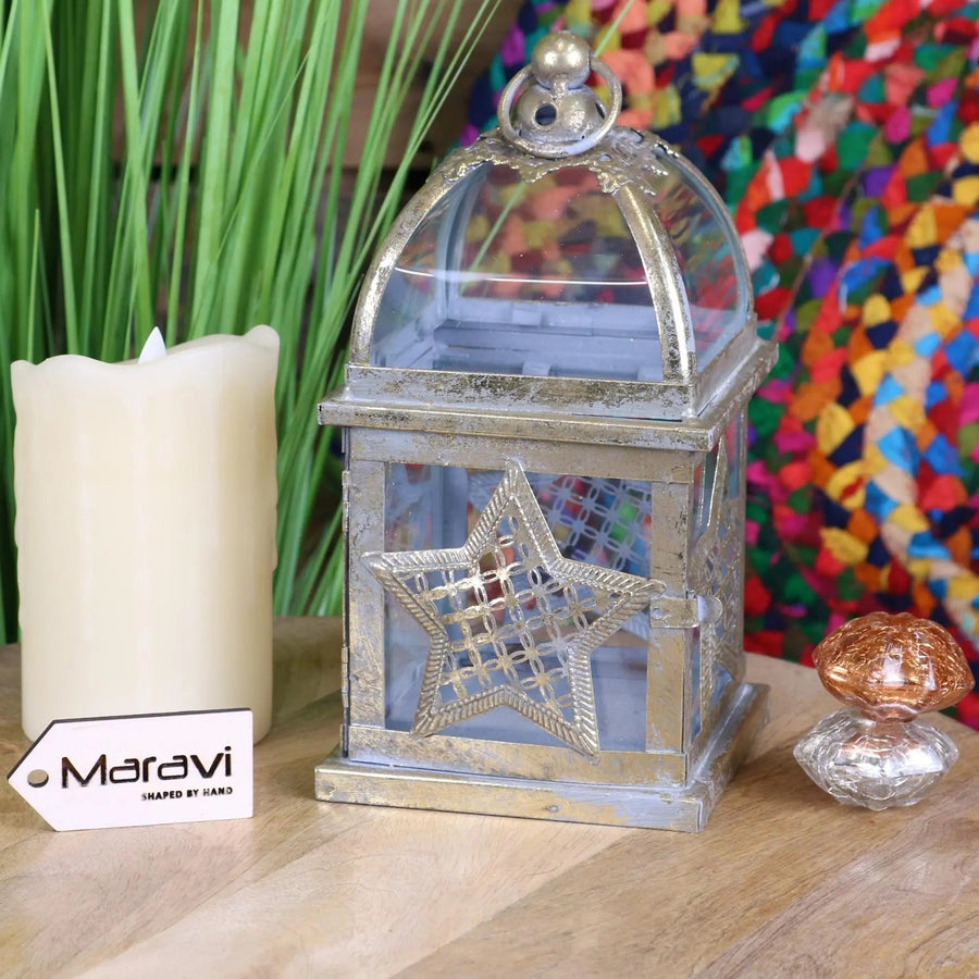 Patera antique square lantern, star design, luxury farmhouse decor, premium metal and glass, stylish vintage candle holder by Maravi at brixbailey.com