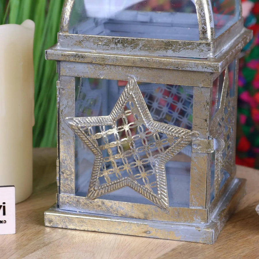 Patera antique square lantern, luxury star design, rustic farmhouse decor, premium metal and glass candle holder, indoor outdoor use by Maravi at brixbailey.com