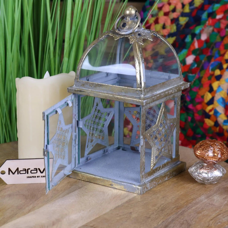 Patera antique square lantern with star design, luxury rustic farmhouse decor, premium metal and glass candle holder for indoor or outdoor by Maravi at brixbailey.com