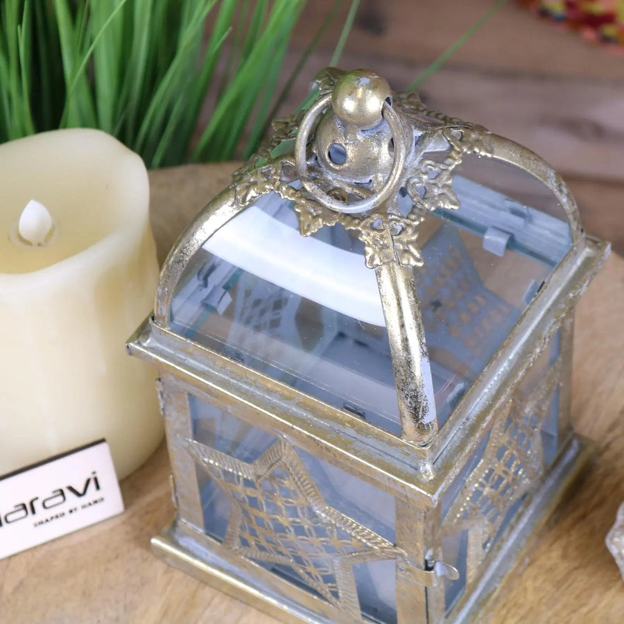 Patera antique square lantern, star design, vintage farmhouse decor, premium metal and glass candle holder, rustic indoor outdoor lighting by Maravi at brixbailey.com