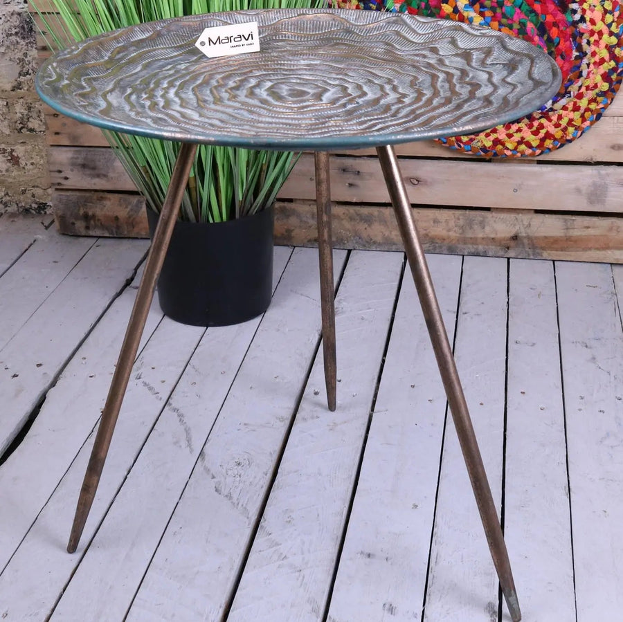 Luxury gold tripod side table, stylish vintage accent table for living room, bedroom decor, antique patina metal side table by Maravi at brixbailey.com