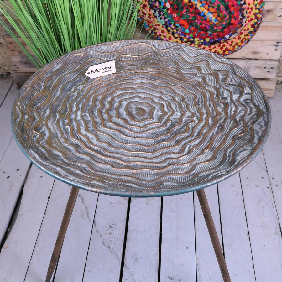 Luxury gold tripod side table, stylish vintage accent table for home decor, elegant metal side table with antique patina finish by Maravi at brixbailey.com