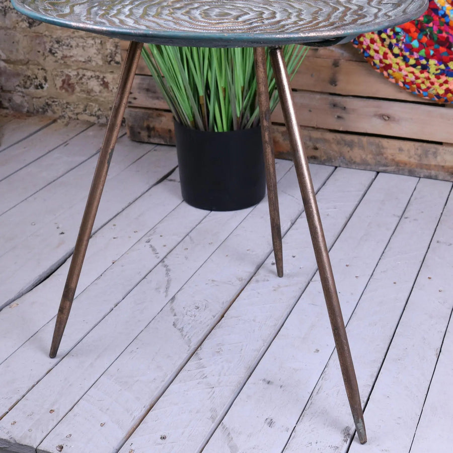 Luxury gold tripod side table, stylish vintage accent table for home decor, elegant lightweight metal side table with antique finish by Maravi at brixbailey.com