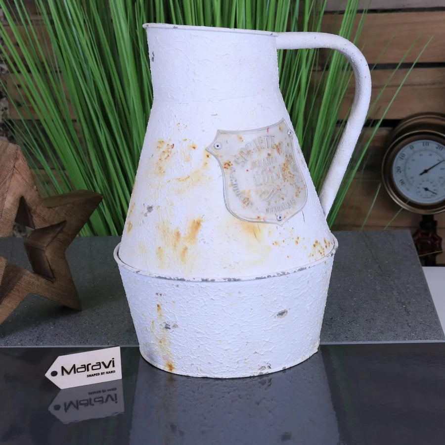 Vintage shabby chic decorative jug, rustic metal flower vase, elegant white home decor, distressed finish, best-selling farmhouse ornament by Maravi at brixbailey.com