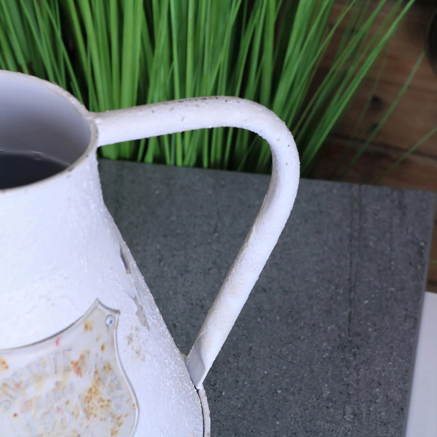 Vintage white rustic metal decorative jug, shabby chic distressed finish, stylish home decor, best-selling vintage charm by Maravi at brixbailey.com