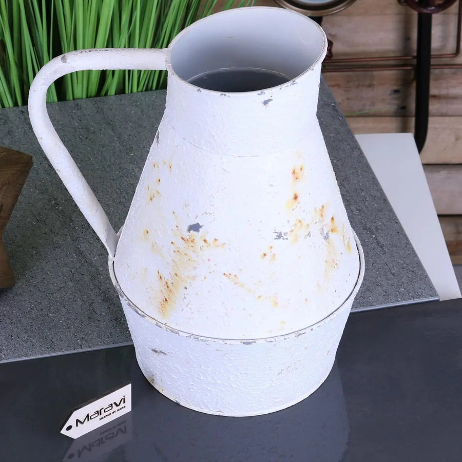 Vintage shabby chic decorative jug, rustic metal flower vase, white distressed home decor, elegant ornament for living room or kitchen by Maravi at brixbailey.com