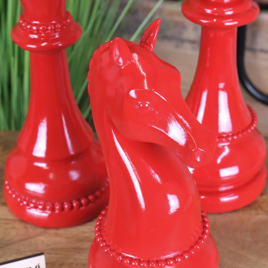 Luxury large chess piece ornaments set of 3, red retro-style king queen knight, premium resin decor for modern interiors by Maravi at brixbailey.com