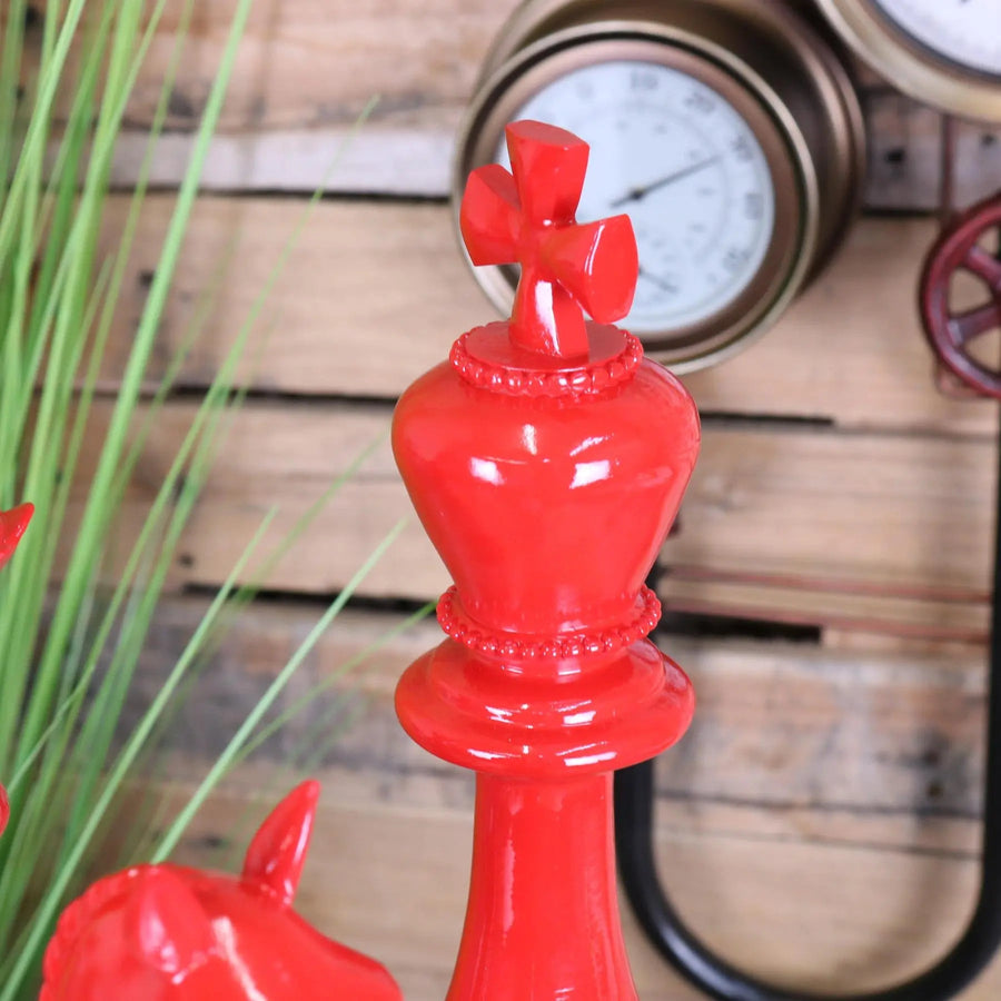 Luxury large red chess piece ornaments set of 3, retro-style king queen knight resin decor, premium home accent for modern interiors by Maravi at brixbailey.com