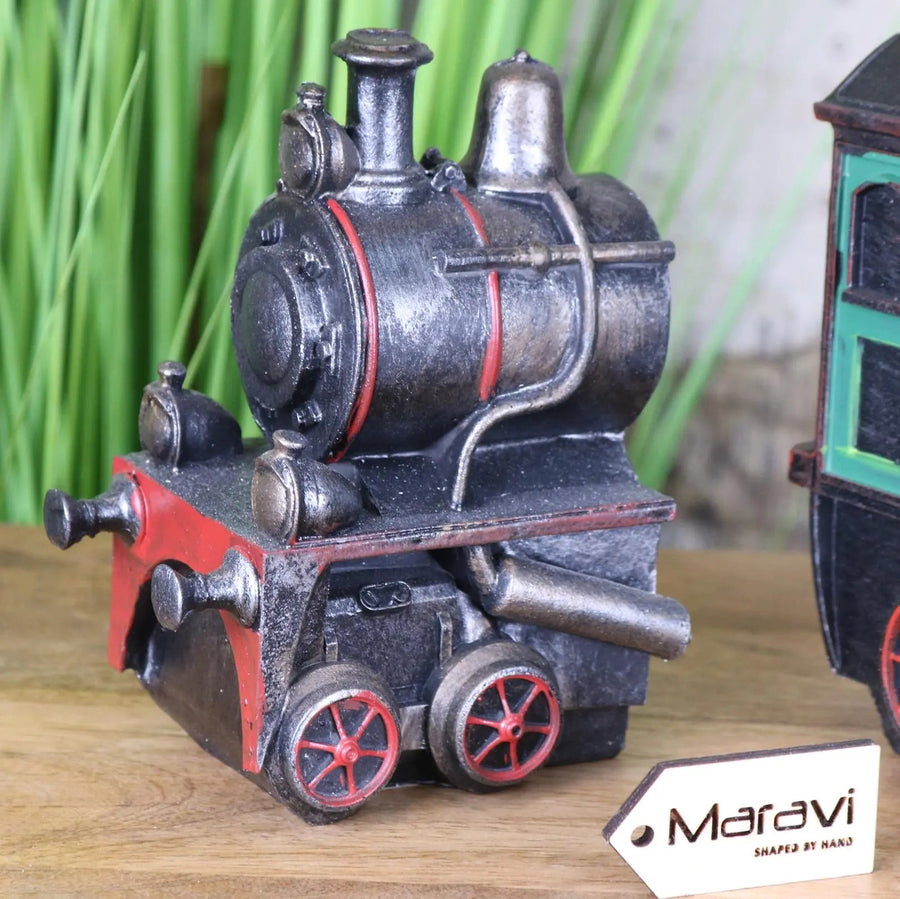 Premium handcrafted steam train bookends, vintage locomotive decor, luxury resin bookshelf organizers, best-selling nostalgic gift for train enthusiasts by Maravi at brixbailey.com