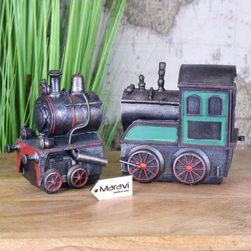 Luxury handcrafted steam train bookends, premium vintage decor for train enthusiasts, stylish resin locomotive book holders by Maravi at brixbailey.com