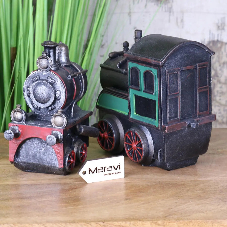 Luxury handcrafted vintage steam train bookends, premium resin model locomotive decor, best-selling nostalgic industrial shelf decor by Maravi at brixbailey.com