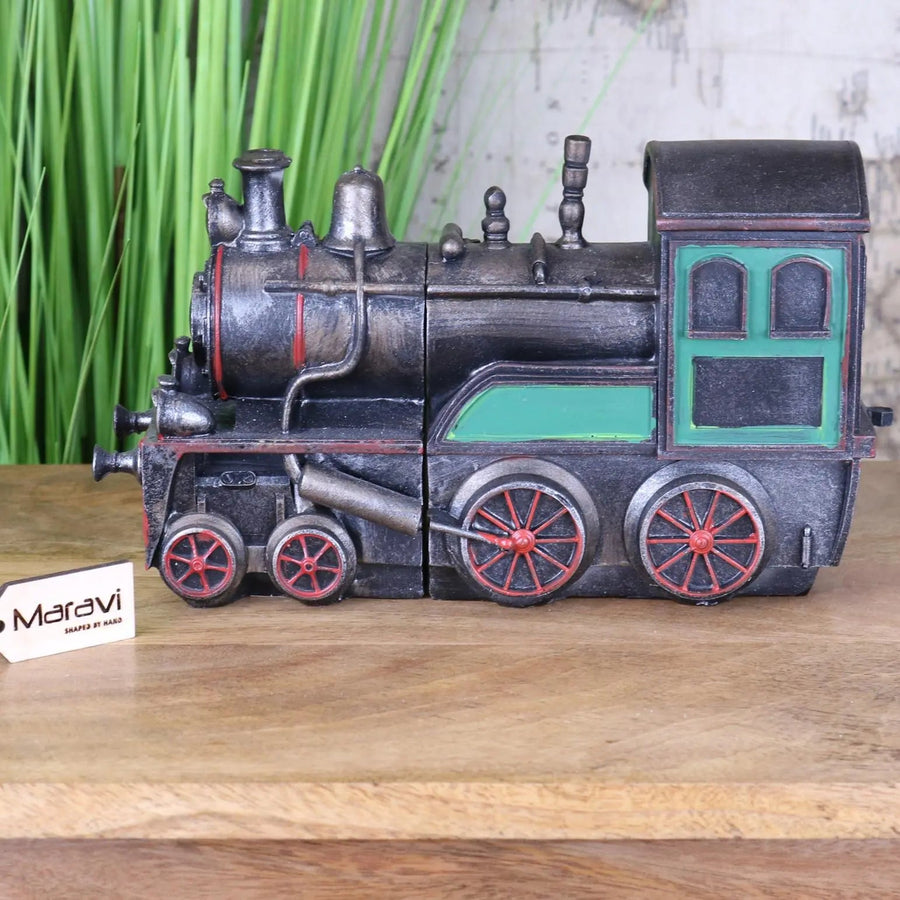Luxury handcrafted vintage steam train bookends, premium resin locomotive decor, best-selling nostalgic industrial shelf decor by Maravi at brixbailey.com