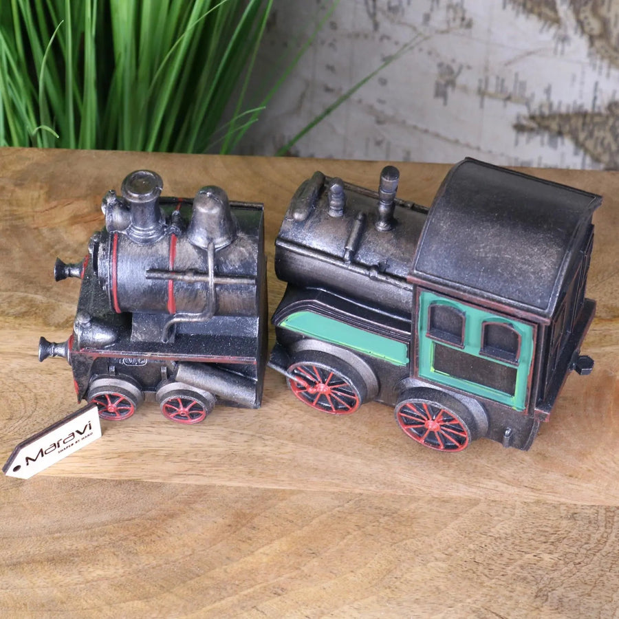 Premium handcrafted vintage steam train bookends, luxury industrial age locomotive decor for bookshelves, best-selling nostalgic resin bookends by Maravi at brixbailey.com