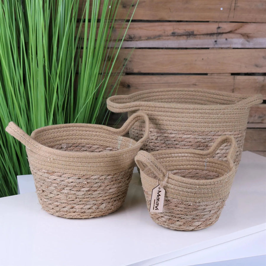 Rustic natural grass rope storage baskets set of 3, premium handcrafted woven baskets for home decor and organization, stylish durable indoor storage by Maravi at brixbailey.com