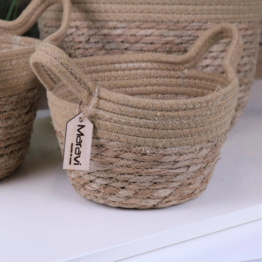 Rustic natural grass rope storage baskets set of 3, handcrafted premium woven baskets for home decor and organization, stylish durable indoor storage solution by Maravi at brixbailey.com