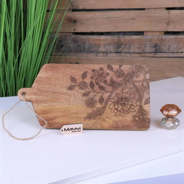 Luxury mini serving board, elegant mango wood cheese board with Tingda floral motif, stylish sustainable kitchenware by Maravi at brixbailey.com