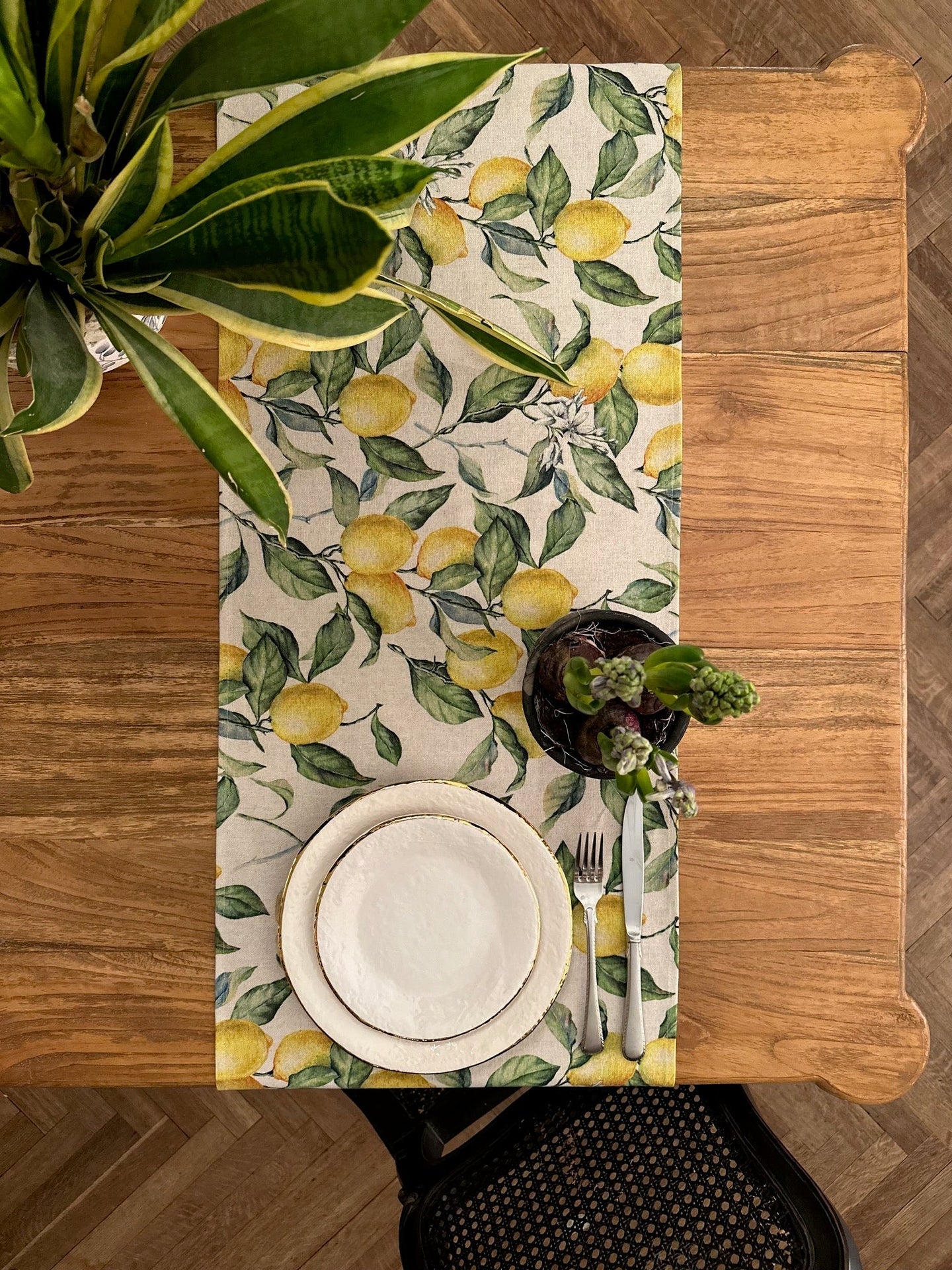 Brighten Your Dining Space with the Lemon Linen Table Runner by Hortensias Home at www.brixbailey.com