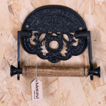 Luxury vintage industrial toilet roll holder, The Crown, premium heavy metal and wood, classic black finish, stylish bathroom accessory by Maravi at brixbailey.com