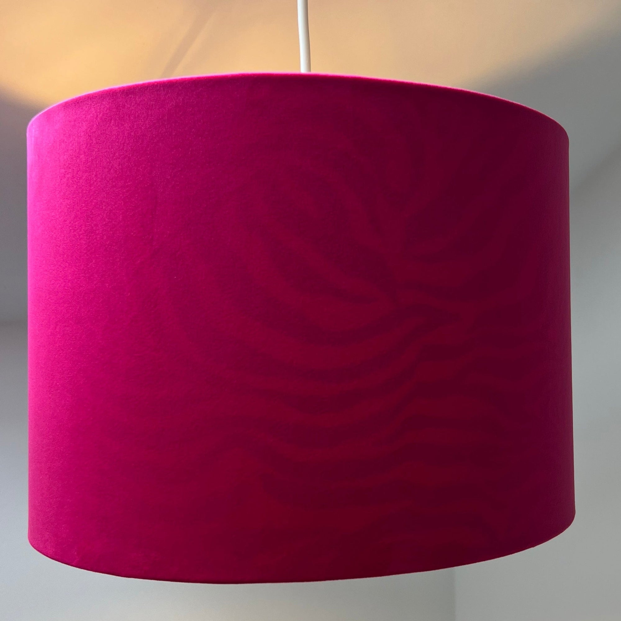Cerise Pink Velvet &amp; Zebra Cotton Double Sided Drum Lampshade | Handmade Ceiling Light Shade | Bespoke UK