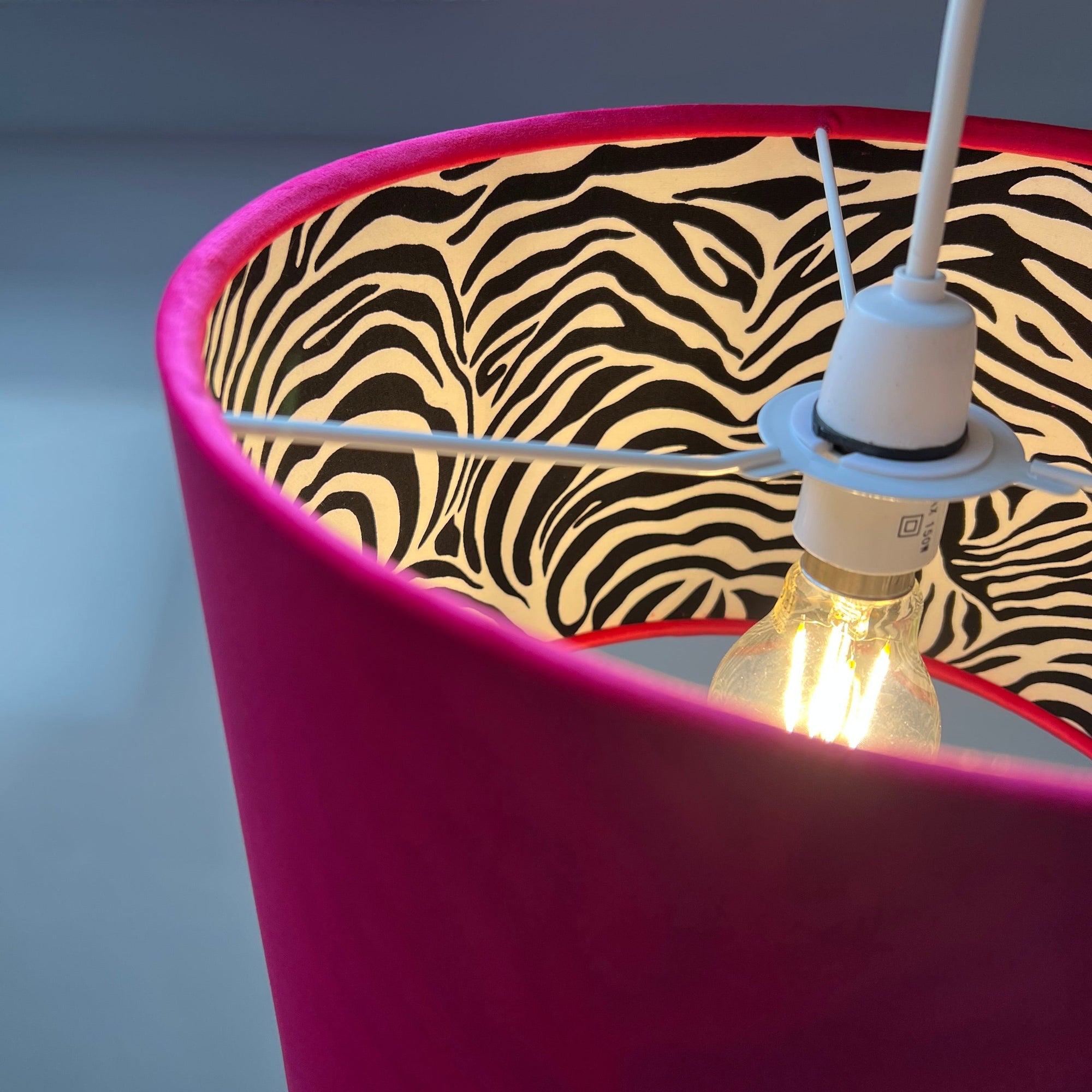 Cerise Pink Velvet &amp; Zebra Cotton Double Sided Drum Lampshade | Handmade Ceiling Light Shade | Bespoke UK